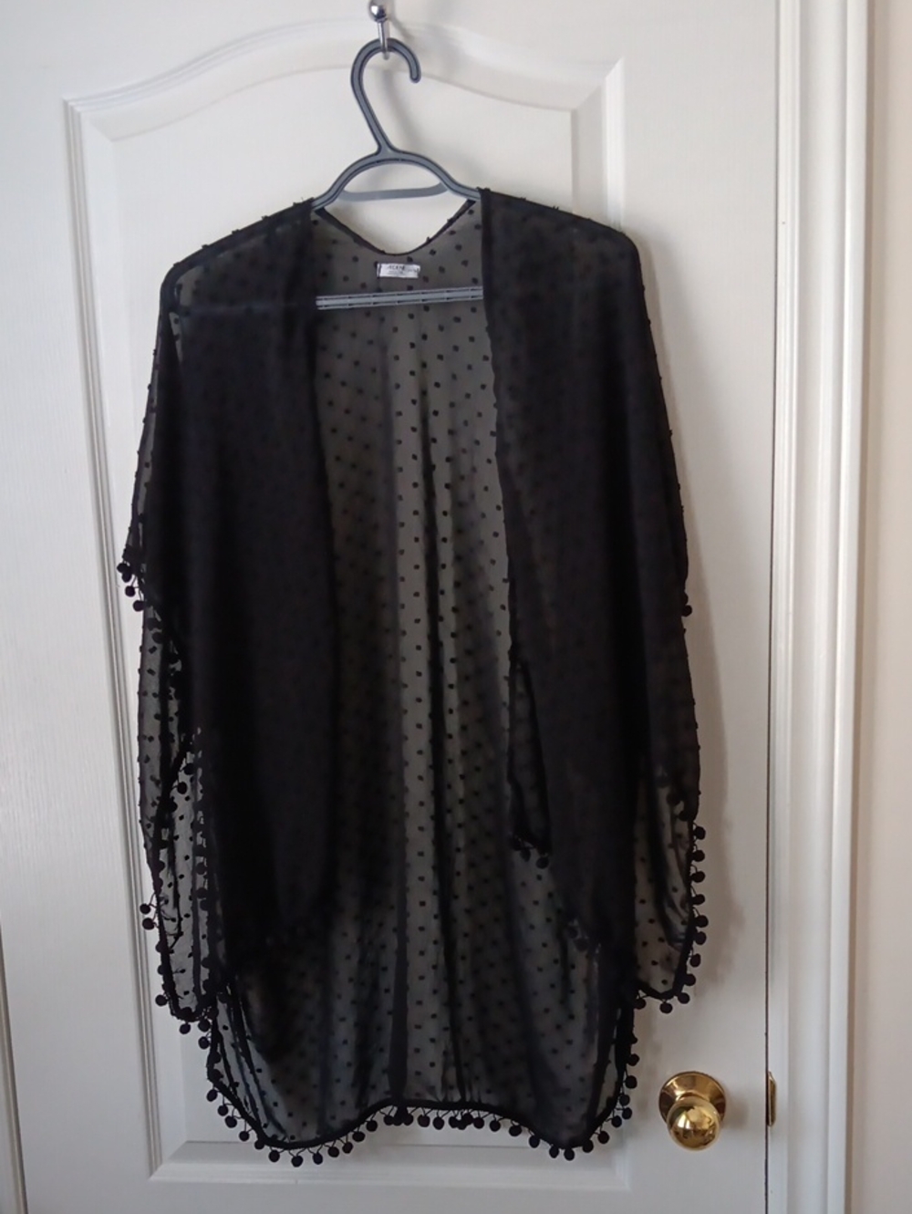 Black Sheer Dot Kimono Swim Cover Up with Pom Pom Trim